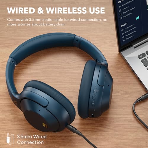 Bluetooth 6.0 Active Noise Cancelling Headphones for Airplane Travel, LDAC Hi-Res Audio, 90H Playtime Wired and Wireless ANC Headphones, Over Ear Headset for Home Office, Custom EQ via APP, Blue - color: Blue