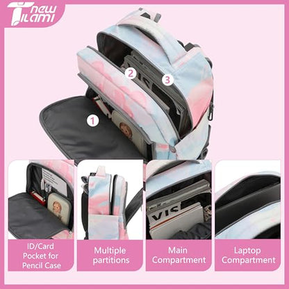 NEW TILAMI 18-Inch 6-Wheel Rolling Backpack for Kids, Pink Sunset | Lightweight Rolling Stair-Climbing Top Carry Handle Padded Shoulder Straps For School Family Travel - color: Pink Sunset