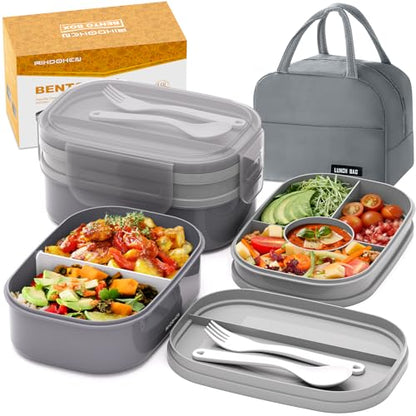 RIKDOKEN Bento Lunch Box, Stackable 2 Layers Containers with Compartments, Portable 64OZ Large Capacity Leakproof Bento Box with Spoon & Fork & Lunch Bag, Microwave Safe Lunch Box for Kids and Adults - color: Gray
