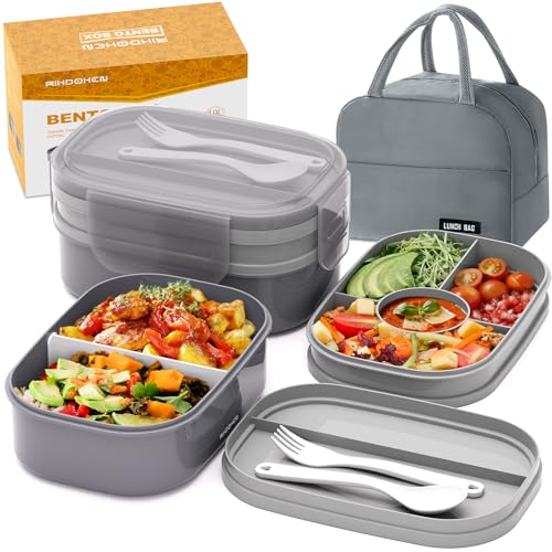 RIKDOKEN Bento Lunch Box, Stackable 2 Layers Containers with Compartments, Portable 64OZ Large Capacity Leakproof Bento Box with Spoon & Fork & Lunch Bag, Microwave Safe Lunch Box for Kids and Adults - color: Gray