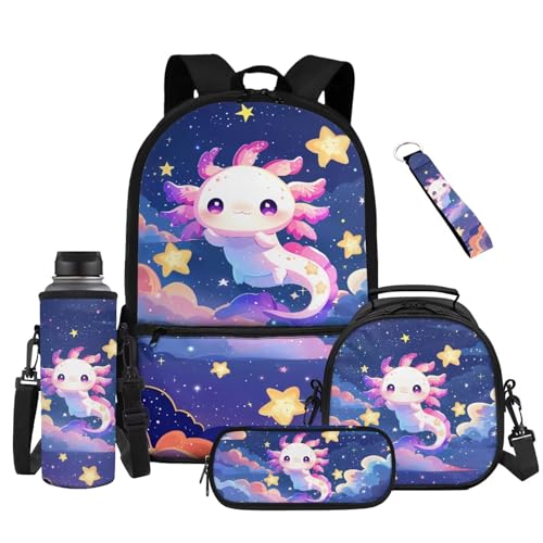 Galaxy Axolotl 5 Piece School Backpack Set for Girls and Boys with Lunch Bag Pencil Case and Water Bottle Carrier Large Capacity Bookbag - color: Galaxy Axolotl