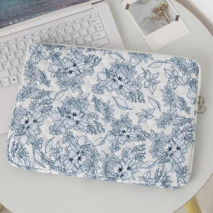13.3 Inch Laptop Sleeve, Cute Flower Printed Puffy Case, Quilted Floral Protective Cover for Mac-Book Air/Pro, Aesthetic Laptop Carrying Bag - color: Dark Blue