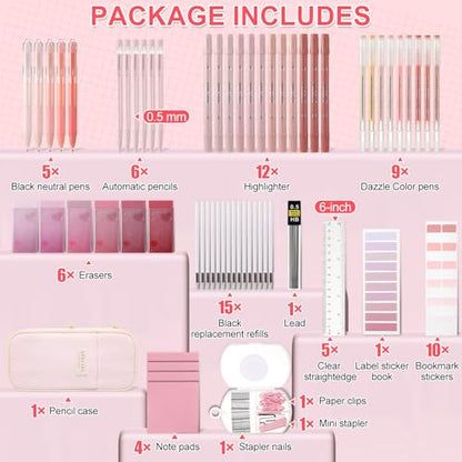 Eersida 74 Pcs Aesthetic School Supplies with Large Pencil Pouch 5 Ink Gel Pens 12 Highlighters 6 Mechanical Pencils 0.5mm 9 Color Pens 4 Note Pads Set for Student Stationary(Pink,Cute Style) - color: Pink, style: Cute Style