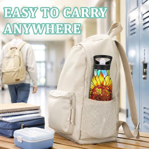 Insulated Water Bottle,Stained Glass 20 oz Stainless Steel Water Bottles with Straw Lid,Sunflower Colorful Leak Resistant Double Insulated Flask with Handle,Fits Cup Holder,Keeps Drinks Cold - color: Stained Glass,Sunflower Colorful