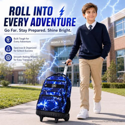 AGSDON Rolling Backpack for Boys, Men Roller Wheels Bookbag, Laptop Lightning Wheeled School Bag with Wheels for Teens - color: Blue