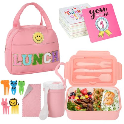 77 Pieces Preppy Bento Box Lunch Box Kit Large Pink Insulated Lunch Bag 3 Layer Stackable Leakproof Lunch Box Containers with Cup,Lunch Bag,Spoon,Fork,60 Pieces Lunch Box Notes for Girl(Pink) - color: Pink