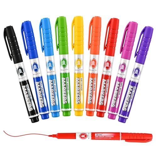 SUIN 9 Colors Dry Erase Markers - Low Odor, Non-Toxic, Slim Whiteboard markers, Medium Fine Tip Whiteboard Pens for Officer, College & Home, 9 Count