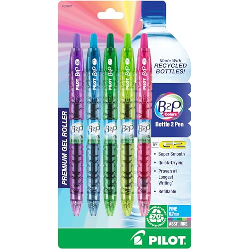 Pilot B2P Colors - Bottle to Pen Refillable & Retractable Rolling Ball Gel Pens Made From Recycled Bottles, Fine Point, Assorted Color G2 Inks, 0.7mm, 5-Pack - size: 5 Count (Pack of 1)