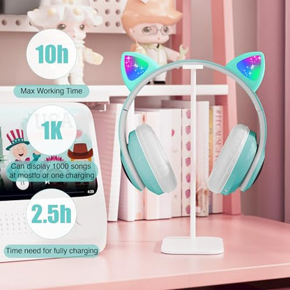 Cat Ear Bluetooth Kids Headphones, LED Lights, Foldable, Green | Wireless Bluetooth 5.0, foldable design, built-in mic & TF card slot, adjustable comfort, ideal for kids' learning & play. - color: Green