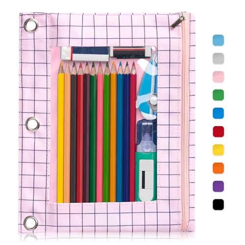Forvencer Pencil Pouch for 3 Ring Binder, Large Pencil Case Pouch with 3 Reinforced Grommets, Pen Bag, Clear Window Pencil Case, Binder Accessories, Pink Plaid - color: Pink Plaid, size: 1 Pack