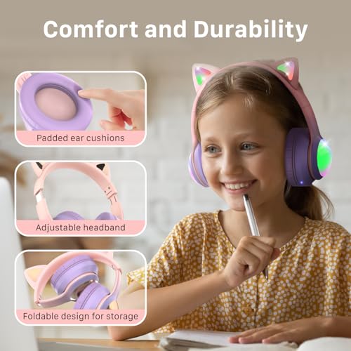 FosPower Kids Bluetooth 5.2 Headphones with LED Cat Ears (85/94dB Safe Volume Limit) Foldable Wireless or Wired Headset with 100hr Play Time and 3.5mm Cable for School/Travel - Light Pink/Light Purple - color: 05 - Light Pink/Light Purple (Bluetooth)