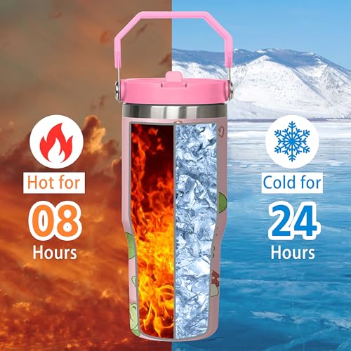 Queen Hero 30 oz Frog Tumbler with Handle, Large Insulated Tumbler with Flip & Straw Coffee Mug Cup Stainless Steel Gifts for Women Men Youth - color: Green Pink