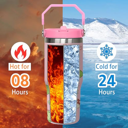 Queen Hero 30 oz Frog Tumbler with Handle, Large Insulated Tumbler with Flip & Straw Coffee Mug Cup Stainless Steel Gifts for Women Men Youth - color: Green Pink