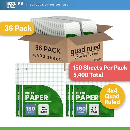 Graph Paper Loose Leaf Paper Quad Ruled Notebook Paper Quad Ruled 4” x 4” Square Lined Writing Filler Paper 10.5” x 8” 5400 Sheets 150 Sheets Per Pack 60 gsm (36 Pack) - size: 36 Pack