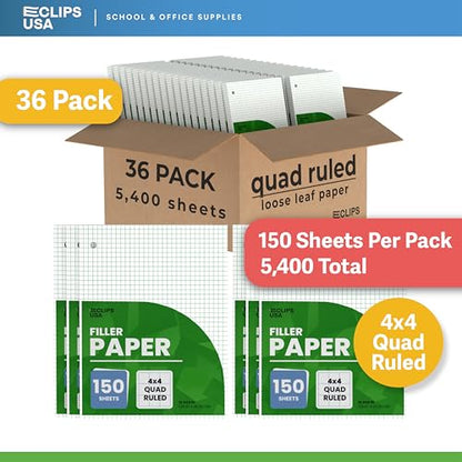 Graph Paper Loose Leaf Paper Quad Ruled Notebook Paper Quad Ruled 4” x 4” Square Lined Writing Filler Paper 10.5” x 8” 5400 Sheets 150 Sheets Per Pack 60 gsm (36 Pack) - size: 36 Pack