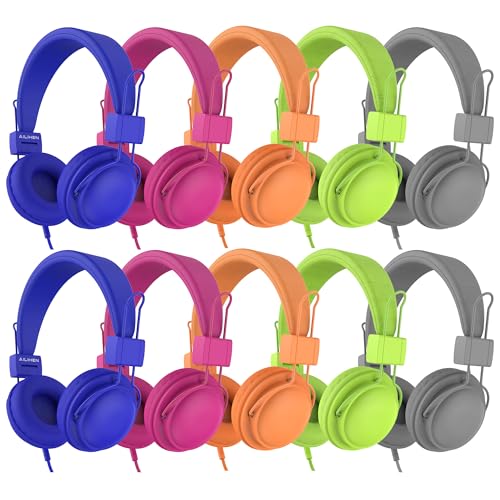 AILIHEN Kids Headphones Wired Bulk 10-Pack for K-6 School & Classroom, with Microphone, 85dB Volume Limit, Shareable, Foldable, 3.5mm Jack for Chromebook, Computer - Multicolor - color: Multicolor