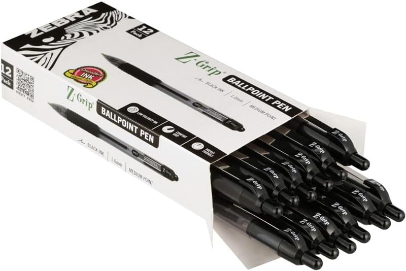 Zebra Pen Z-Grip Retractable Ballpoint Pen, Smooth-Flowing Black Ink, 1.0mm Medium Point, School & Office Supplies, Ideal for Note-Taking, Journal and Planner Use, 12-Pack (22210) - color: Black C