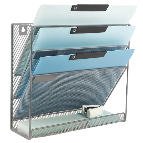 EASEPRES Desk File Organizer Mesh 4-Tier, Hanging Wall Mount Document Organization Stand, Desktop Vertical Mail Paper Folder Holder Rack with Bottom Tray for Office Home Cubicle Countertop, Gray - color: Gray, size: 4 Tier