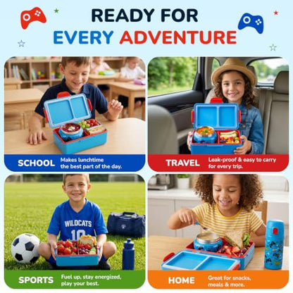 Bento Lunch Box for Kids with Thermos – Game Console Design with 12oz Insulated Stainless Steel Soup Jar and Built-in Ice Pack, 3-Compartment Leak-Proof Kids Bento Box for Boys Girls School Travel - color: Red-Game over