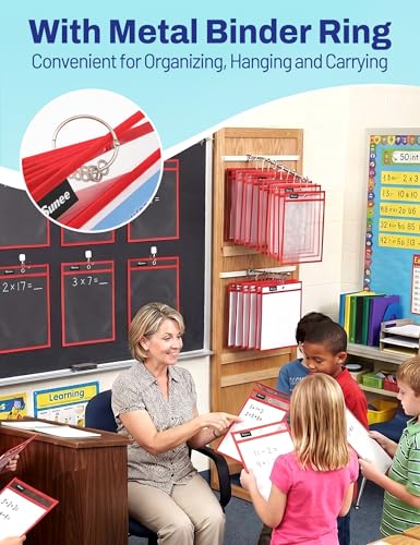 SUNEE 30 Packs Oversized Reusable Dry Erase Pocket Sleeves with 2 Rings, Red 10x14 Ticket Holders, Clear Plastic Sheet Protectors, Teacher School Classroom Supplies - color: Red, style: 30 Pack