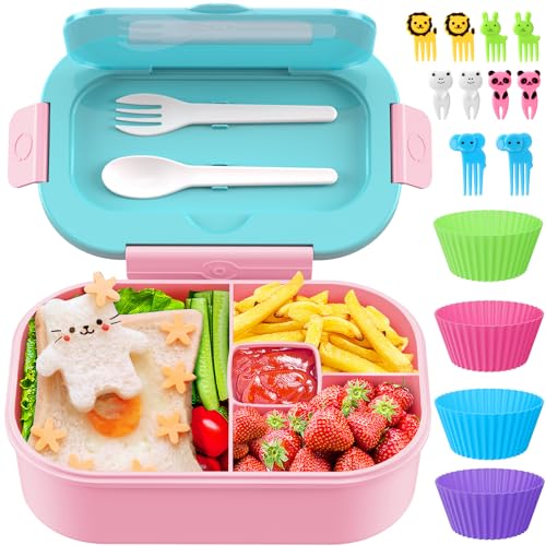 Lunch Box Kid Adult Bento Box, 4-Compartment Food Lunch Containers with Fork & Spoon, BPA Free, Leak-Proof Bento-Style Lunch Box for Work School, Microwave & Dishwasher Safe (Candy) - color: Candy