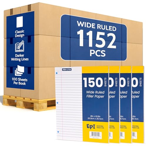 1152 Pack (Pallet) Bulk EPI Filler Paper – Wide Ruled, 150 Sheets Loose Leaf Paper – 3-Hole Punched for 3 Ring Binder Refill – 10.5 x 8in – Bulk School Supplies, Office and Classroom Lined Pads - color: Wide Ruled, size: 1152 Pack