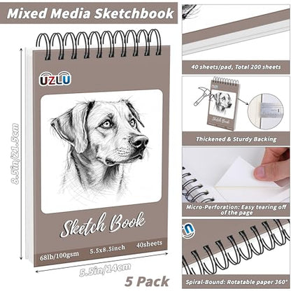 5 Pcs Sketch Books Bulk 5.5 x 8.5 in 200 Sheets Top Spiral Bound Sketch Pad Drawing Paper 40 Sheets Each Acid Free Mixed Media Sketchbook 68lb/100gsm Art Supplies for Beginner Artist - size: 5.5x8.5in, style: 5 Pack-Total 200 sheets