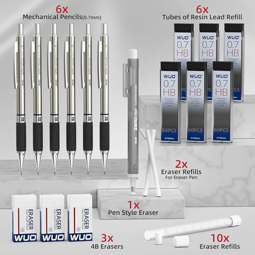 WUO 0.7mm Mechanical Pencil Set in Storage Case, 6PCS Metal Drafting Pencils with 360 HB Lead Refills, 1 Eraser Pen, 3PCS 4B Erasers, 12 Eraser Refills for Student Artist Writing, Drawing, Sketching