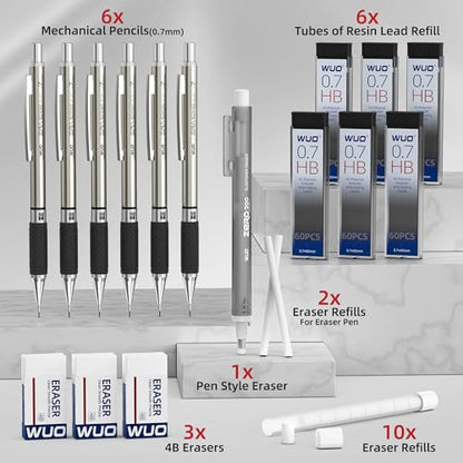 WUO 0.7mm Mechanical Pencil Set in Storage Case, 6PCS Metal Drafting Pencils with 360 HB Lead Refills, 1 Eraser Pen, 3PCS 4B Erasers, 12 Eraser Refills for Student Artist Writing, Drawing, Sketching