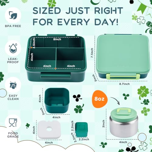 Bento Lunch Box for Kids with 8oz Soup Thermo Leak-Proof Lunch Food Containers with Snack Sauce Container for Kid Girls Boys to School, Green Bag - color: Green Bag