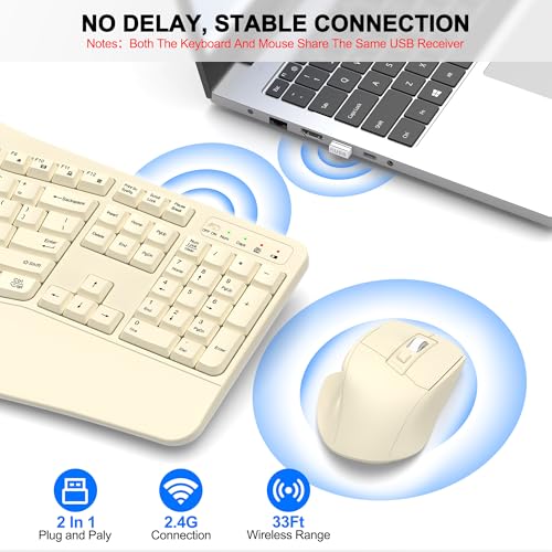 Wireless Keyboard and Mouse Combo, 2.4G Ergonomic Wave Keys (Latte) | Full Size Wave Keyboard with Wrist Rest, 3-Level DPI Adjustable Ergonomic Mouse for Windows and Mac OS Desktop/Laptop/PC - color: Latte