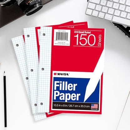 Kaisa Graph Paper Filler Paper USA-Made Bulk Wholesale Available 3 Pack 4x4 Quad Rule 3-Hole Punched Loose Leaf Paper 8x10.5 Filler Paper for 3-Ring Binder, 150 Sheets/Pack - color: Graph, size: 3pack