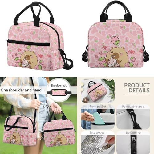 17 Inch Kid's 4PCS Backpack Set, Back to School Essentials | Insulated lunch box, water bottle pouch, pencil case, lightweight, padded shoulder straps, for elementary, middle school - color: Strawberry Capybara