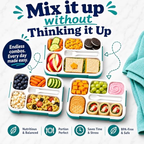 Bento Lunch-Box Set for Kids includes Snack Container | 6 and 3 Compartment Boxes Leakproof School Bentos or Meal Portion Control Containers BPA Free, Boys Girls Adults, Teal Large + MINI 2 pack - color: Teal-Blue Green Large + MINI 2 Pack
