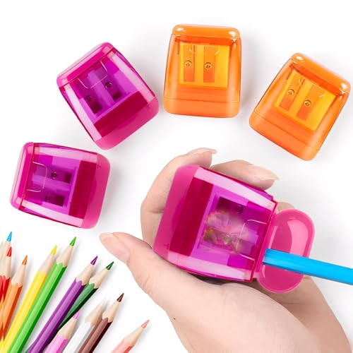4PCS Dual Hole Pencil Sharpener Set with Container, Portable Manual Sharpeners for School Office Desk and Home Study Accessories(Pink,Orange,F) - color: Pink,orange