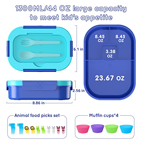 Kids Bento Lunch Box Leakproof Lunch Box with 4 Compartments Lunch Containers with Tableware Kids Bento School Lunch Boxes with Container 44oz, Microwave Dishwasher Freezer Safe (Blue) - color: Blue