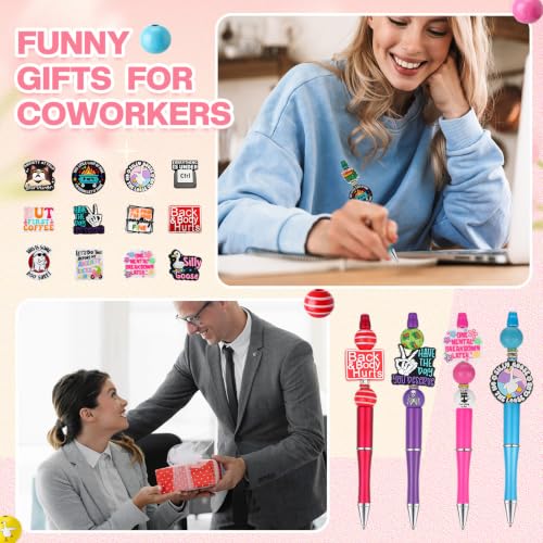 Geyee 12 Set Funny Beadable Pens Making Kit, Beaded Pens with Funny Silicone Focal Beads, Wood and Crystal Spacer Beads Black Ink Ballpoint Pen Kit for DIY Women Coworker Gift School Office Supplies - color: Multicolor, style: Funny