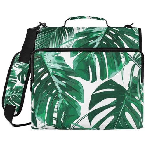 Zipper Binder Tropical Palm Jungle Leaf Floral Bag with Shoulder Strap 3 Ring Binder Organizer Large Capacity Multiple Pockets for School Office - color: Green Leaf