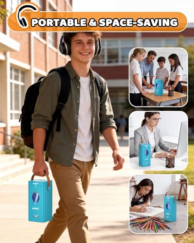 AFMAT Electric Pencil Sharpener, Fully Automatic Pencil Sharpener for 6-12mm No.2/Jumbo Pencils, Auto in & Out, 5 Sharpness Modes, Rechargeable Heavy Duty Sharpeners for Classroom/Home/Office PSC7 - color: Cyan