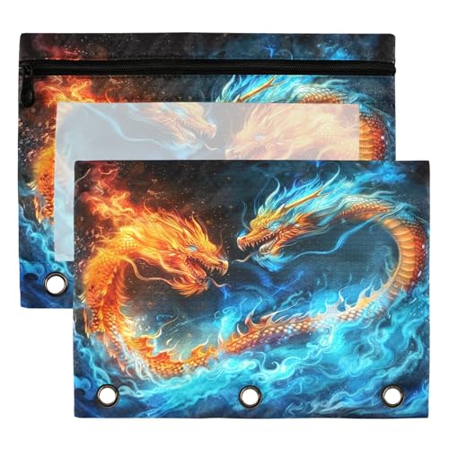 Red Fire Blue Ice Dragon Binder Pouches 3 Ring for Boys Girls School Office College Supplies Dinosaur Legend Lightning Pencil Pouches Case Bag with Clear Window and Zipper 2 Pack - color: Dragon