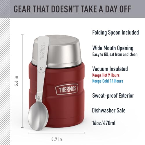 THERMOS Stainless King Vacuum-Insulated Food Jar with Spoon, 16 Ounce, Matte Red - color: Matte Red, size: 16 Ounce