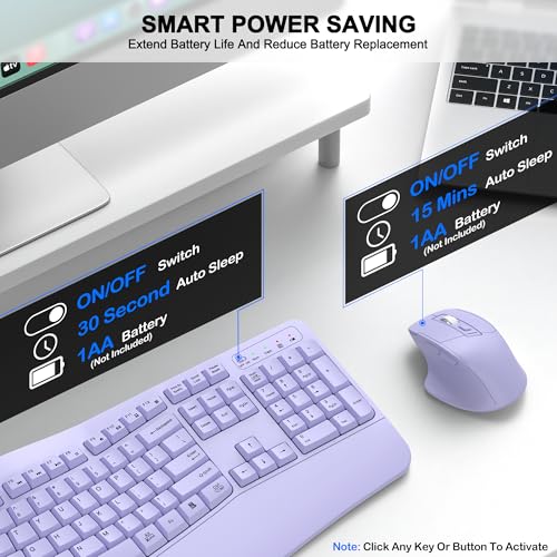 Wireless Keyboard and Mouse Combo, 2.4G Full Size Wave Keys Ergonomic Keyboard with Wrist Rest and 3-Level DPI Adjustable Wireless Ergonomic Mouse for Windows, Mac OS Desktop/Laptop/PC(Purple) - color: purple