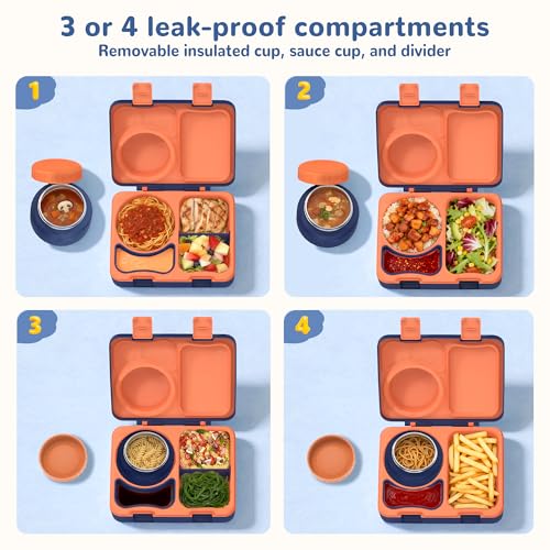 Bento Box for Kids, Leakproof Kids Bento Lunch Box Container with 8oz Insulated Thermo Food Jar, Sauce Jar, Utensil, DIY Stickers for School Boys Girls, 3-4 Compartments, BPA-Free - color: Navy Orange