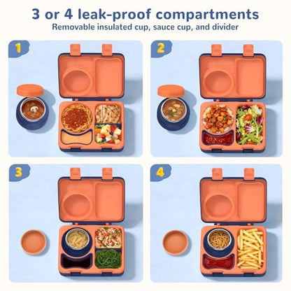 Bento Box for Kids, Leakproof Kids Bento Lunch Box Container with 8oz Insulated Thermo Food Jar, Sauce Jar, Utensil, DIY Stickers for School Boys Girls, 3-4 Compartments, BPA-Free - color: Navy Orange
