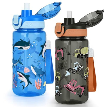 20oz Removable Straw Kids Water Bottle, Shark & Excavator | Plastic Sports Water Bottle with Pop-Up Lid & Lock · BPA-Free · Handle Strap · Dishwasher Safe · Boys & Girls
