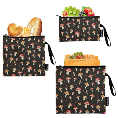 Reusable Food Storage Bags Mushrooms Black Print 3 Pack Set Lunch Bag Compact Sandwich Snack Bag Small Medium Large for Lunch, Travel & Organization - color: Bag 2