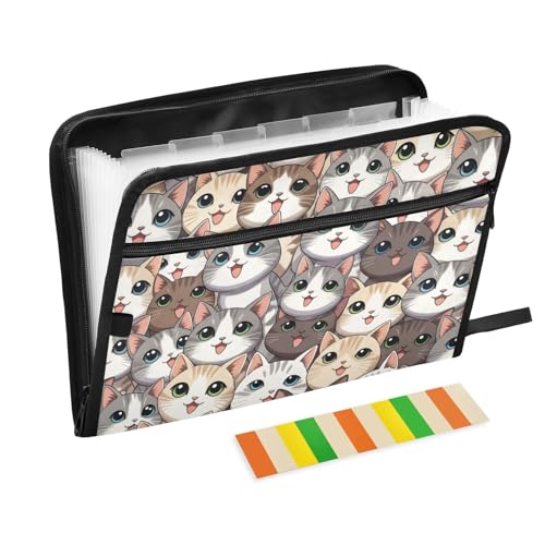 Cat 13 Pockets Expanding File Folder with Color Labels Cute Desktop Organizer Folder Letterhead A4 Paper File Storage Organizer Water-Resistant and Durable - color: Cat Cute