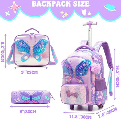 Meetbelify Girls Rolling Backpack with Wheels for Kids 3D Butterfly School Roller Backpack,Carry on Travel Luggage with Lunch Bag and Pencil Case for Girls Ages 5-12 - color: 01 Butterfly