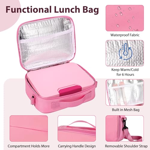 Kids Bento Lunch Box Set with 9.5oz Soup Thermo, Leak-Proof Lunch Food Containers with 3 Compartment and Removable Inner Tray, Insulated Hot Food Jar with Lunch Bag for School, Office, Pink - color: Pink