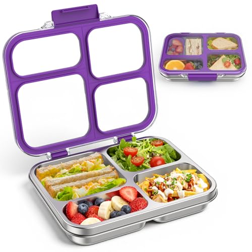 Stainless Steel Bento Box for Kids Adults with Silicone Container, Leak Proof 4 Compartments Metal Lunch Box, Removable Silicone Seal & Clear Lid Food Container for School Office, BPA-Free(Purple) - color: Purple
